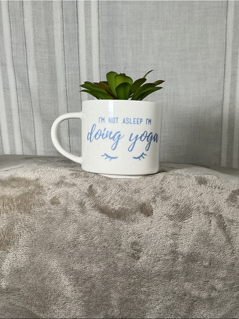 White Ceramic Mug with Light Blue 'Doing Yoga' Script